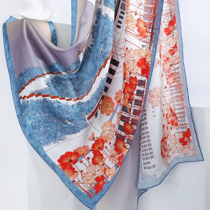 Chic Floral Rectangular Silk Scarf