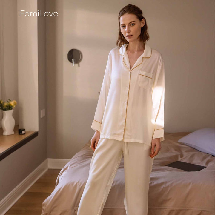 Silky Tencel Ladies Pajamas Sets Ivory White / M