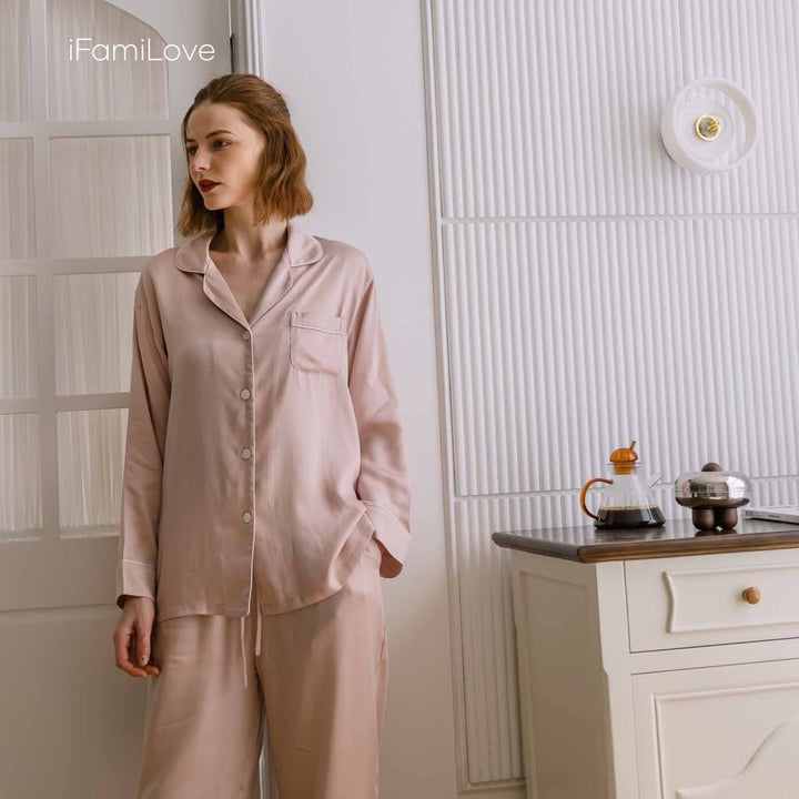 Silky Tencel Ladies Pajamas Sets Light Pink / M