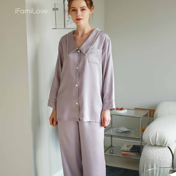 Silky Tencel Ladies Pajamas Sets Light Purple / M