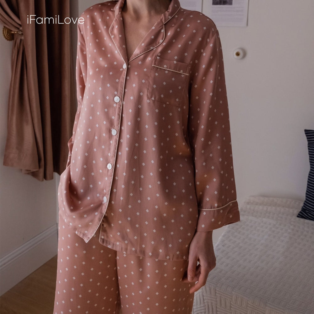 Silky Tencel Ladies Pajamas Sets Pink Polka Dot / M