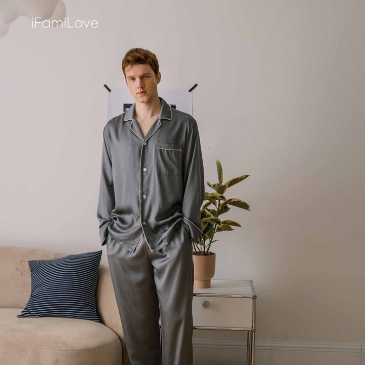 Silky Tencel Mens Pajamas Sets Silver / M